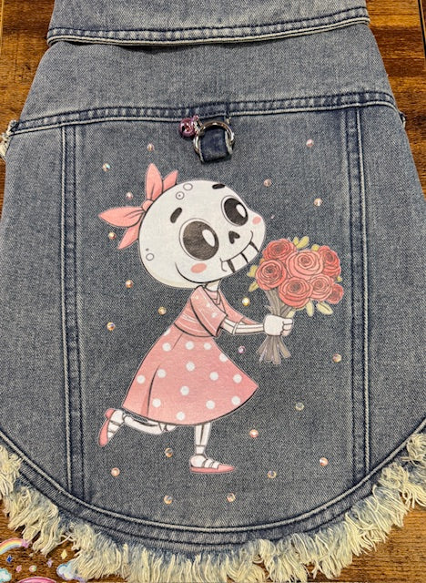 Toothy Skeleton Girl Dog Denim Vest XXL