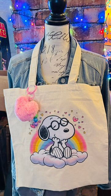 Snoopy on a Rainbow Cloud Tote Bag