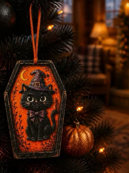 Black Cat Wooden Halloween Ornament