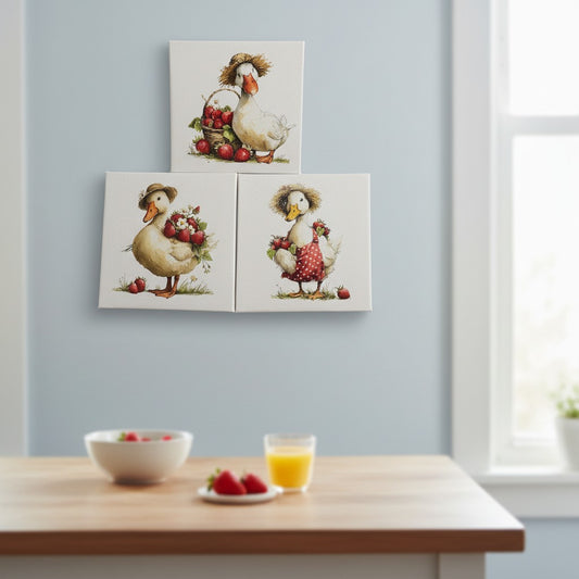 Brawling Bunny three-piece mini canvas set featuring whimsical geese with strawberries and straw hats. Farmhouse decor.