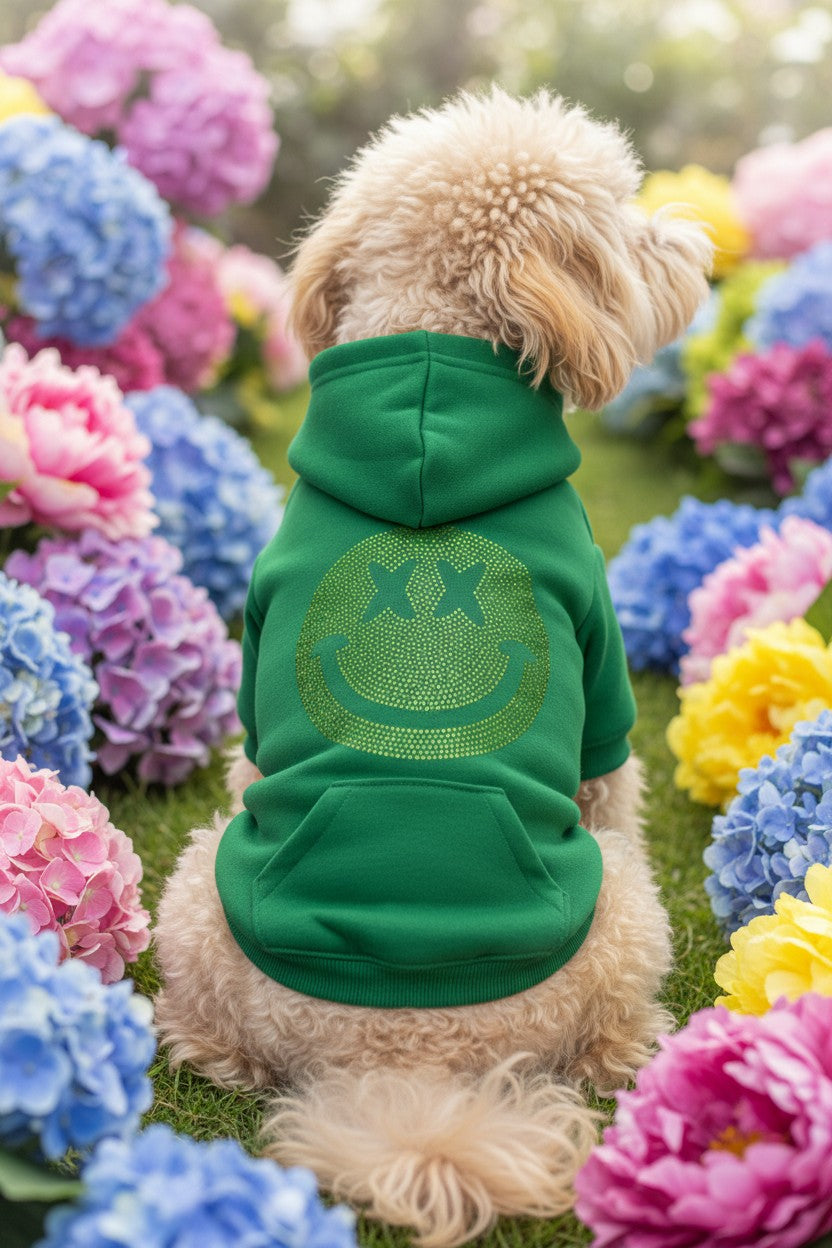 Brawling Bunny large green dog hoodie with a sparkling yellow rhinestone smiley face design.