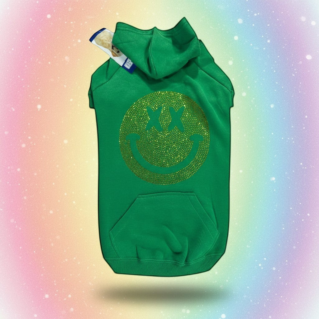 Brawling Bunny green dog hoodie, size large, with a smiling face made of shimmering yellow rhinestones.