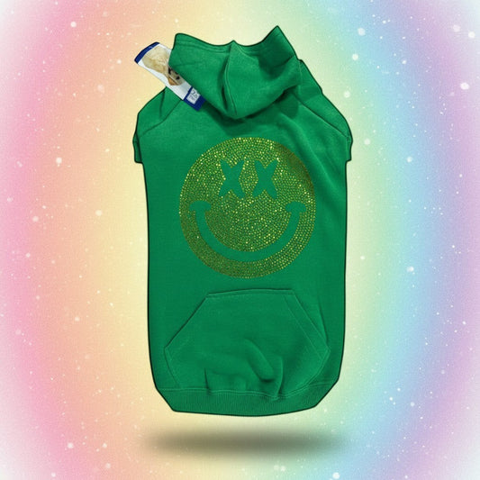 Brawling Bunny green dog hoodie, size large, with a smiling face made of shimmering yellow rhinestones.