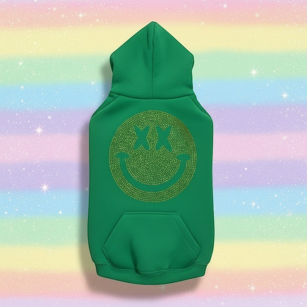 Brawling Bunny green dog hoodie, large size, with a sparkling yellow rhinestone smiling face design. Features a hood and front pocket.